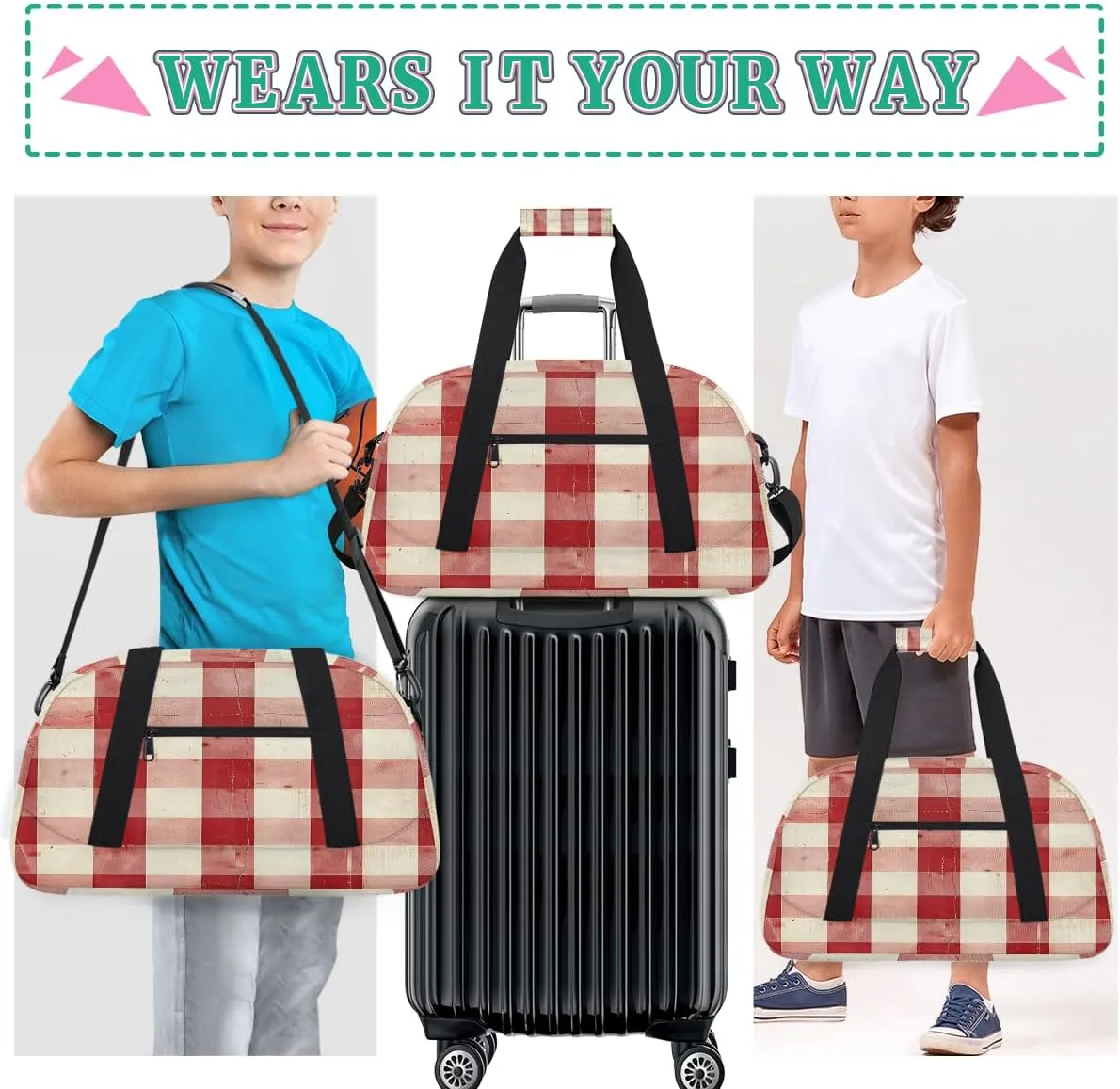 Red and White Check Kids Overnighter Duffel Bags for Boys, Carry-On Size Sports Gym Bag with Front Zipper Pocket for School Practice or Overnight Travel Weekender Sleepover Tote Bag