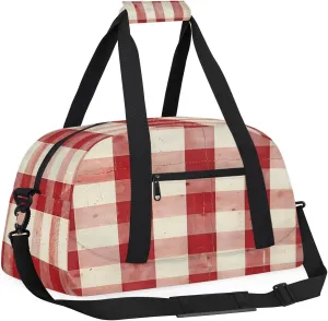 Red and White Check Kids Overnighter Duffel Bags for Boys, Carry-On Size Sports Gym Bag with Front Zipper Pocket for School Practice or Overnight Travel Weekender Sleepover Tote Bag