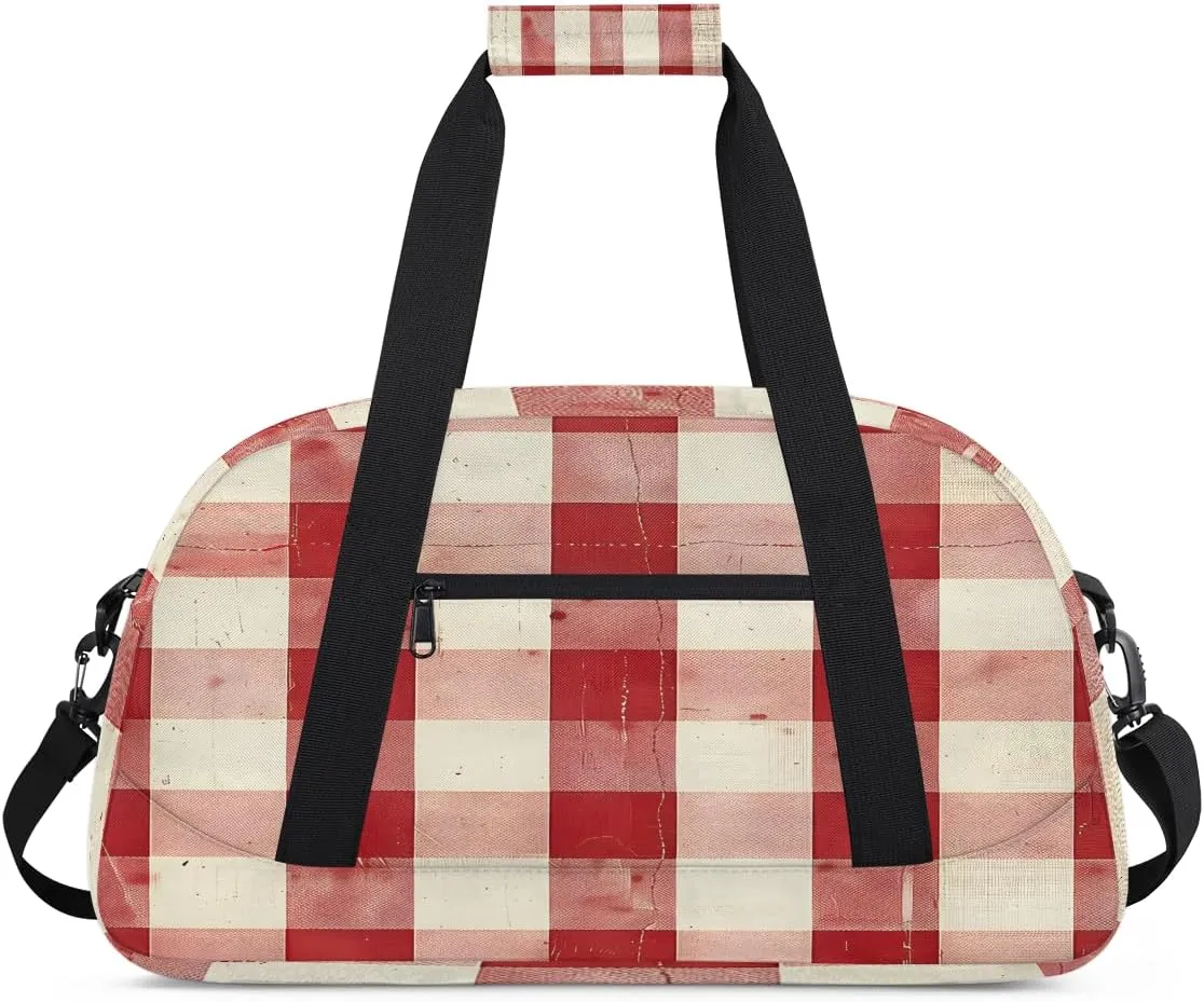 Red and White Check Kids Overnighter Duffel Bags for Boys, Carry-On Size Sports Gym Bag with Front Zipper Pocket for School Practice or Overnight Travel Weekender Sleepover Tote Bag