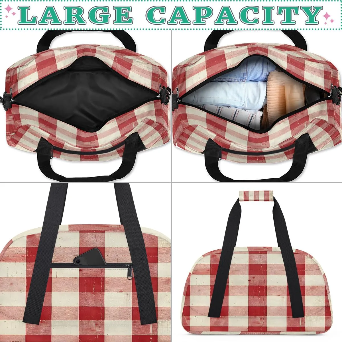 Red and White Check Kids Overnighter Duffel Bags for Boys, Carry-On Size Sports Gym Bag with Front Zipper Pocket for School Practice or Overnight Travel Weekender Sleepover Tote Bag