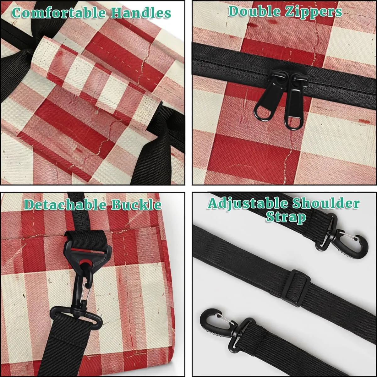 Red and White Check Kids Overnighter Duffel Bags for Boys, Carry-On Size Sports Gym Bag with Front Zipper Pocket for School Practice or Overnight Travel Weekender Sleepover Tote Bag