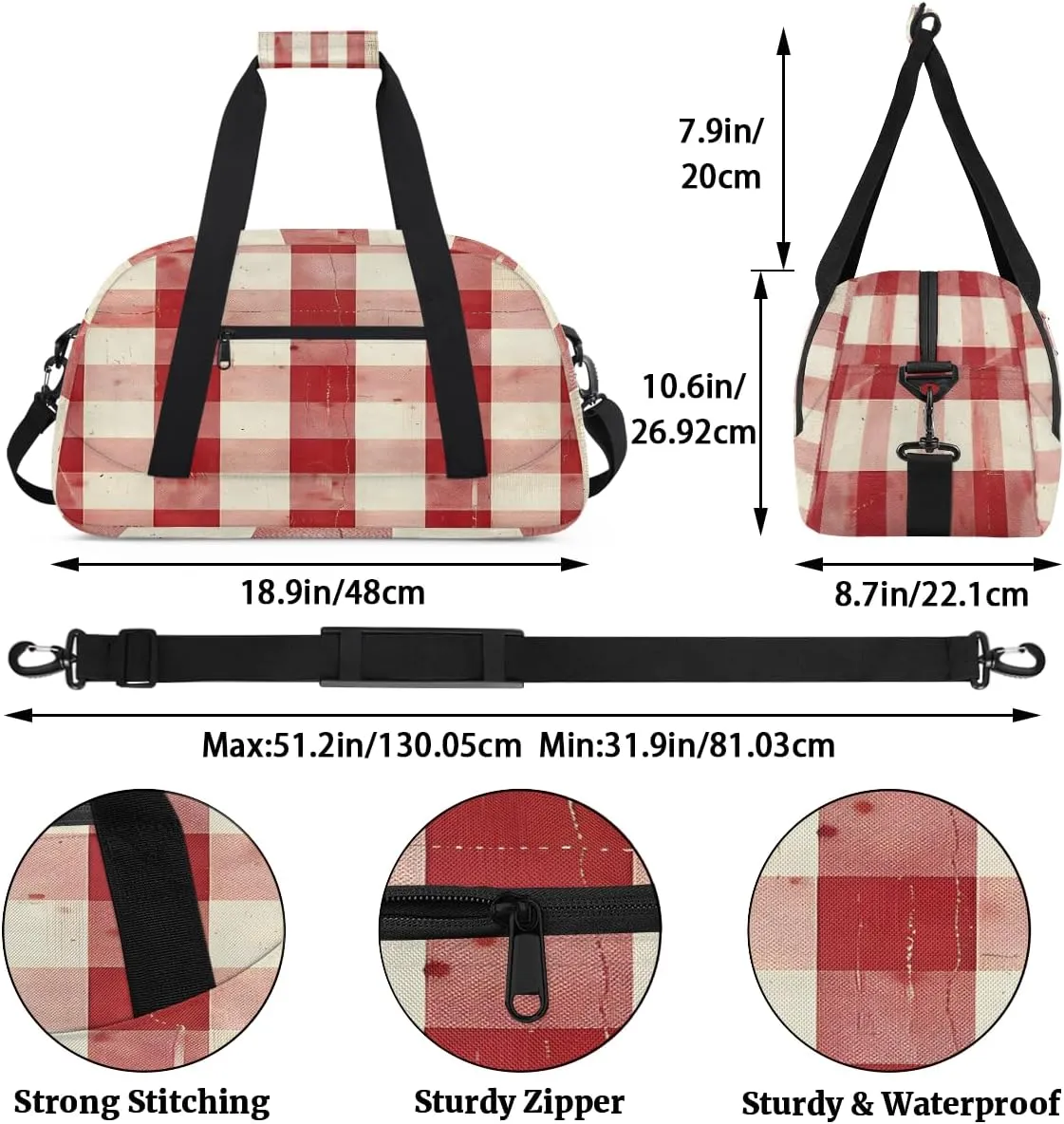 Red and White Check Kids Overnighter Duffel Bags for Boys, Carry-On Size Sports Gym Bag with Front Zipper Pocket for School Practice or Overnight Travel Weekender Sleepover Tote Bag