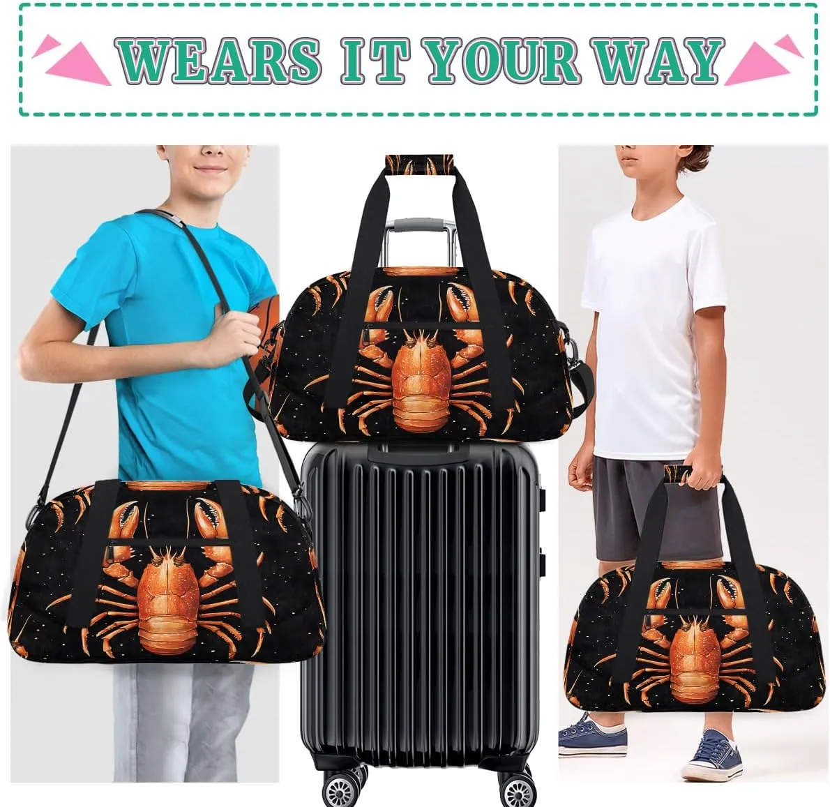 Red Crayfish Kids Overnighter Duffel Bags for Boys, Carry-On Size Sports Gym Bag with Front Zipper Pocket for School Practice or Overnight Travel Weekender Sleepover Tote Bag