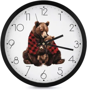 Red Plaid Mama Bear Family Wall Clock 10 Inch Silent Non-ticking Battery Operated Decorative Clock for Kitchen Bedroom