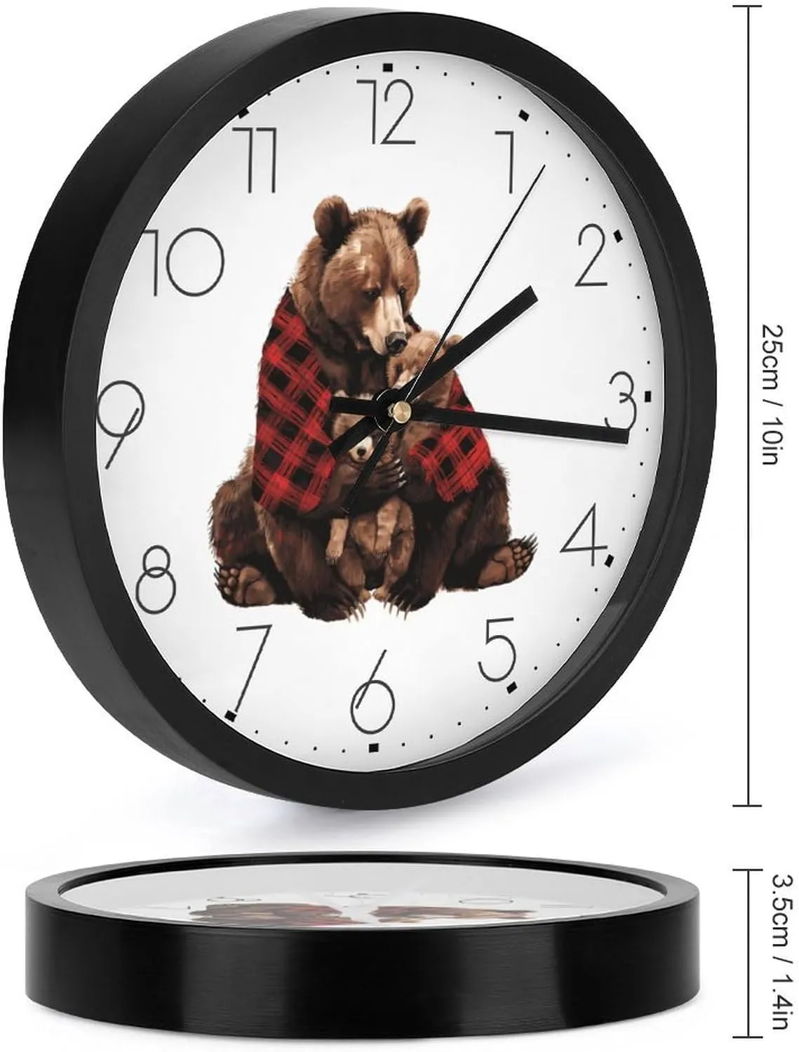 Red Plaid Mama Bear Family Wall Clock 10 Inch Silent Non-ticking Battery Operated Decorative Clock for Kitchen Bedroom