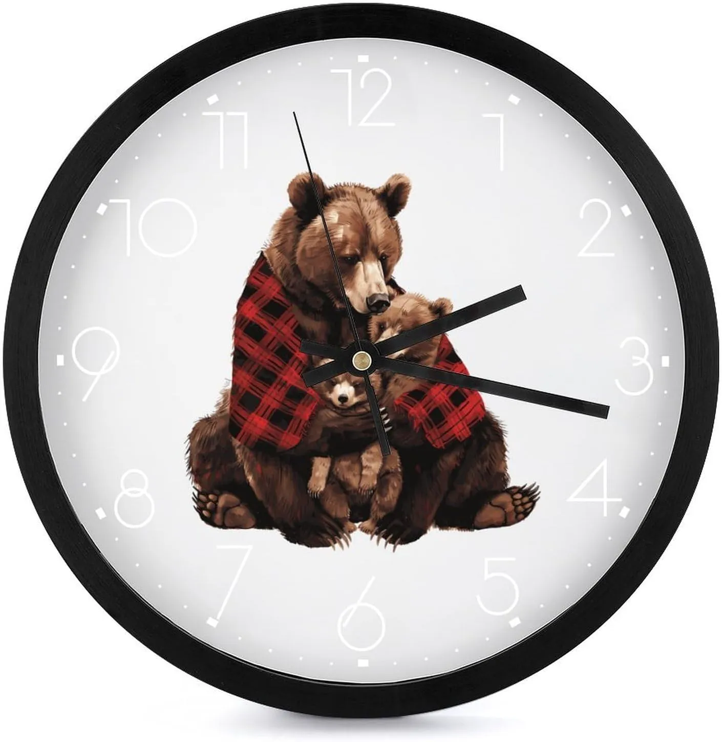Red Plaid Mama Bear Family Wall Clock 10 Inch Silent Non-ticking Battery Operated Decorative Clock for Kitchen Bedroom