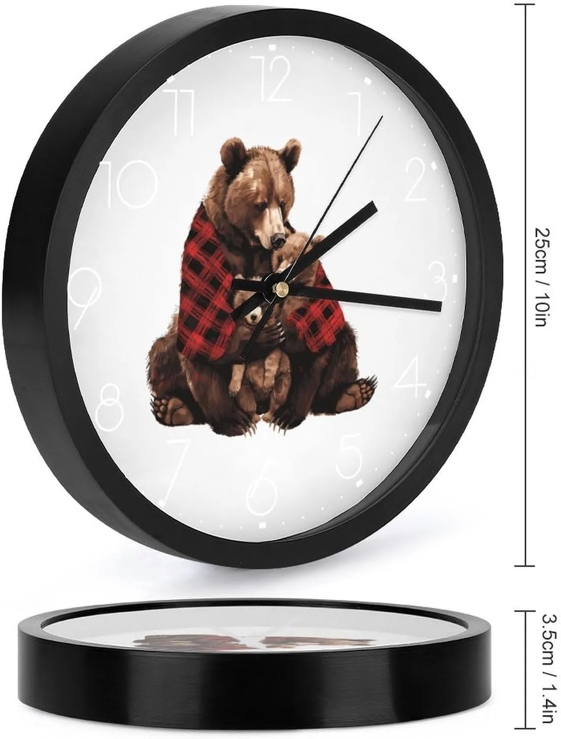 Red Plaid Mama Bear Family Wall Clock 10 Inch Silent Non-ticking Battery Operated Decorative Clock for Kitchen Bedroom