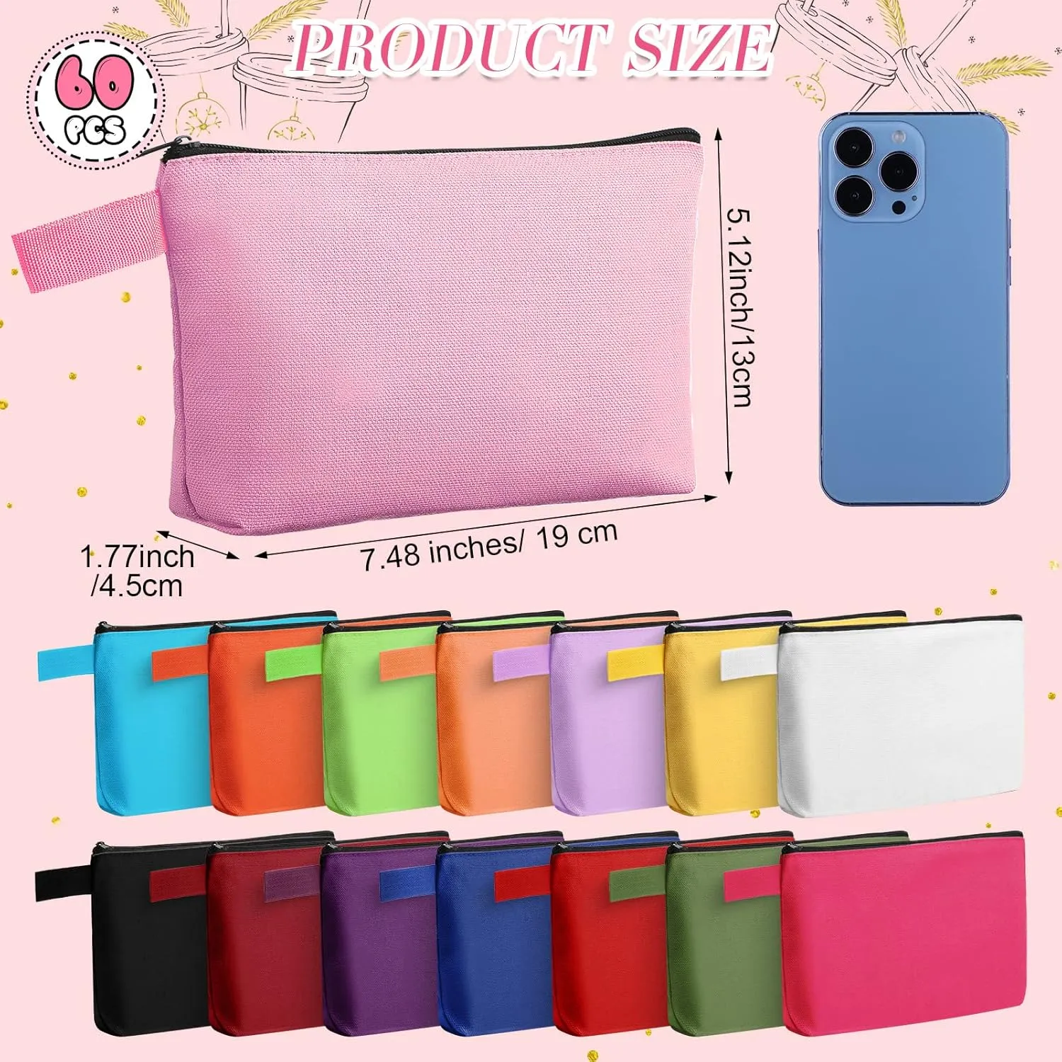 Reginary 60 Pieces Canvas Makeup Bags Bulk Cute Travel Cosmetic Pouch Multipurpose Blank Small Toiletry Bag DIY with Zipper for Travel Women Teens, 15 Colors(7.5 x 5 x 2 Inch)