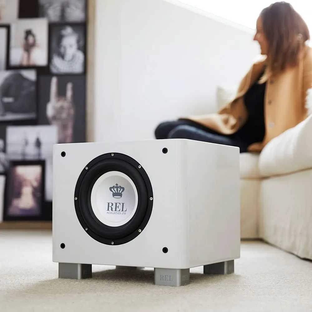 REL T/9x 10-Inch Powered Subwoofer – Sealed Design with Class AB Amplifier, RCA Inputs, and Deep Bass for HiFi Stereo Systems, Home Theater, and Surround Sound – High Gloss White Finish