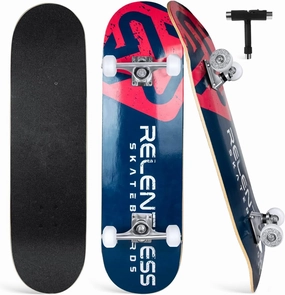 Relentless 31 Inch Complete Skateboard with Grip Tape, Skateboard Wheels, 7 Layer Maple Skateboard Deck, Concave, Double Kick - Suitable for Kids, Teens, Adults with All-in-One Skate T-Tool