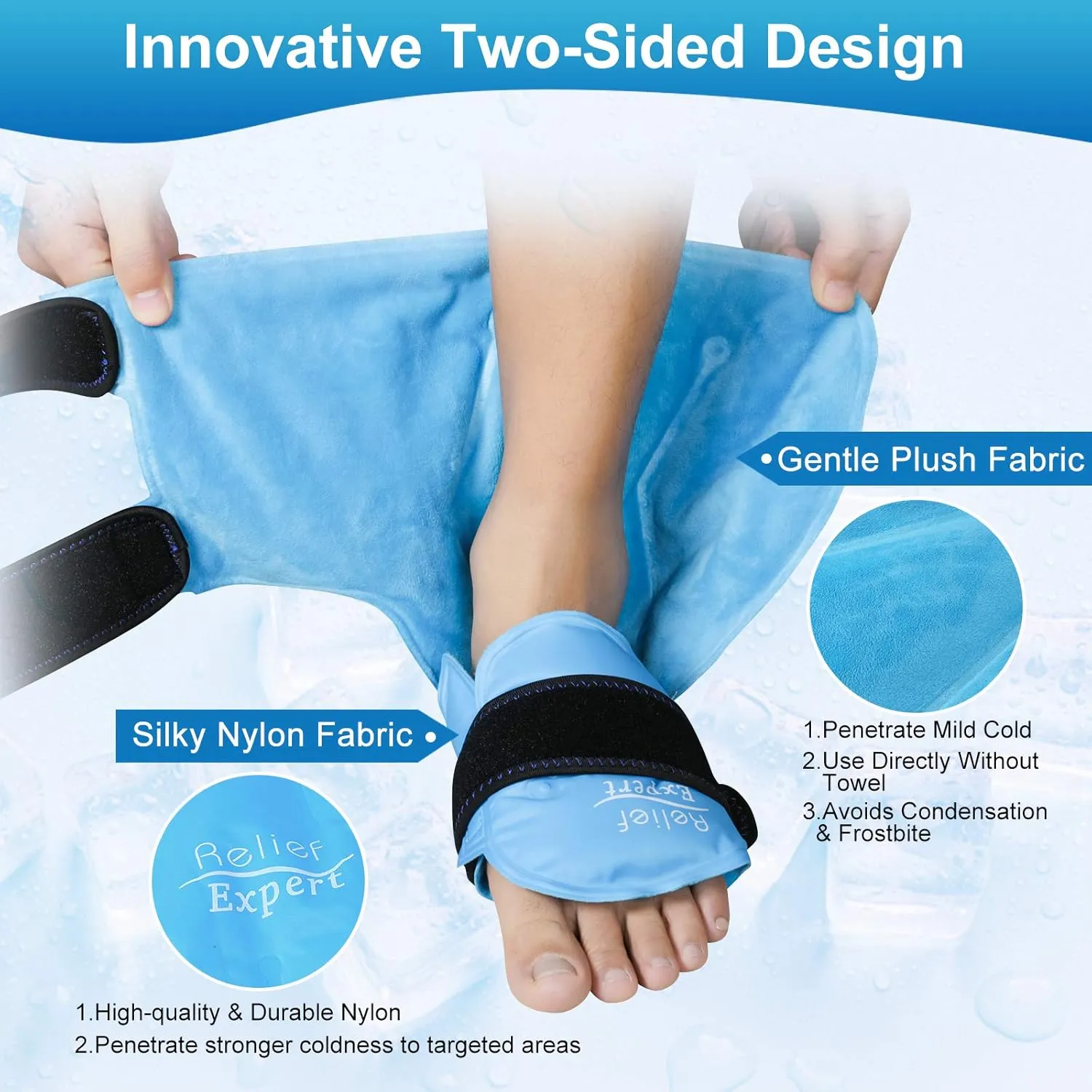Relief Expert Ankle Ice Pack Wrap – Reusable Cold Gel Pack for Foot and Heel, Dual-Sided Design with Soft Plush Lining, Flexible Cold Compress for Achilles and Ankle Support, Blue