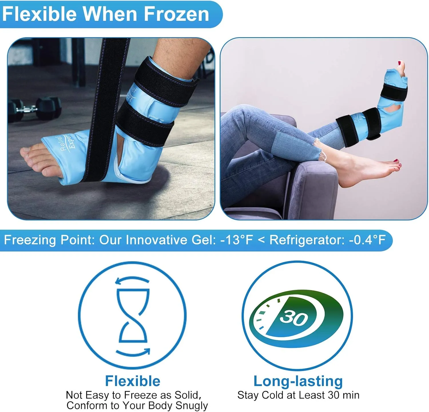 Relief Expert Ankle Ice Pack Wrap – Reusable Cold Gel Pack for Foot and Heel, Dual-Sided Design with Soft Plush Lining, Flexible Cold Compress for Achilles and Ankle Support, Blue