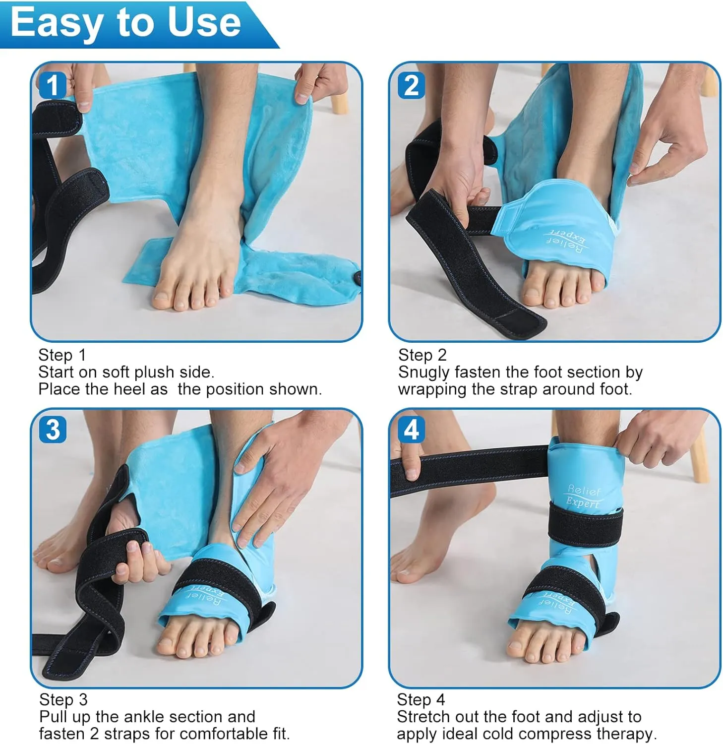 Relief Expert Ankle Ice Pack Wrap – Reusable Cold Gel Pack for Foot and Heel, Dual-Sided Design with Soft Plush Lining, Flexible Cold Compress for Achilles and Ankle Support, Blue