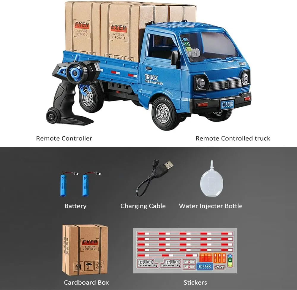 Remote Control Car RC Kei Truck,1:16 Scale RC Transporter Pickup Truck, 2.4GHz All Terrain RC Transport Cars with Spray & Light, 2 Batteries, Best Gifts Ideas for Kids Age 6 Year Old (Blue)