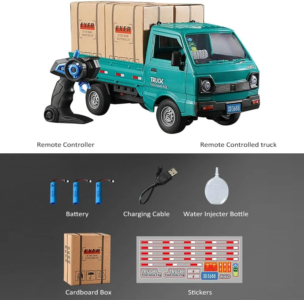 Remote Control Car RC Kei Truck,1:16 Scale RC Transporter Pickup Truck, 2.4GHz All Terrain RC Transport Cars with Spray & Light, 3 Batteries, Best Gifts Ideas for Kids Age 6 Year Old (Green)