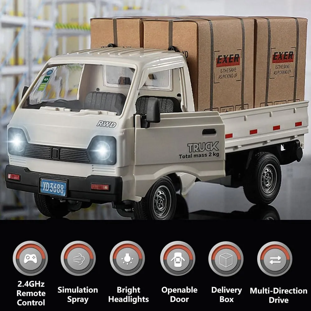 Remote Control Car RC Kei Truck,1:16 Scale RC Transporter Pickup Truck, 2.4GHz All Terrain RC Transport Cars with Spray & Light, 3 Batteries, Best Gifts Ideas for Kids Age 6 Year Old (White)