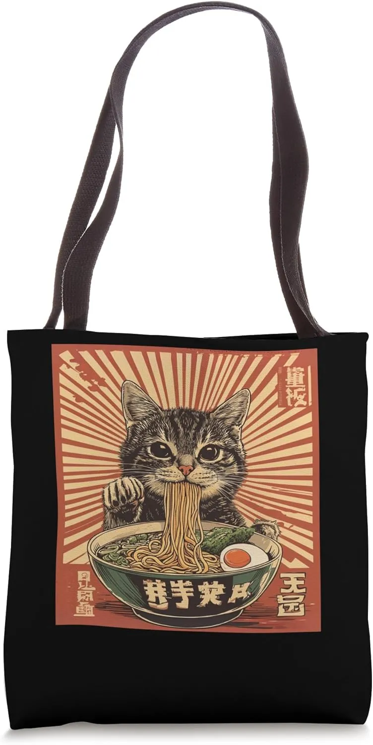 Retro Japanese Art Kitten Noodle Lover Ramen Bowl Cat Tote Bag