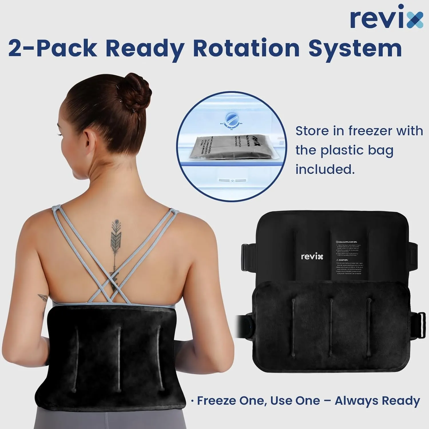 REVIX 16" × 9" Flexible Gel Ice Packs Reusable for Lower Back with Strap, Dual-Sided Soft Body Ice Wraps for Shoulder, Neck, Abdomen and Leg Relief, Black 2 Packs