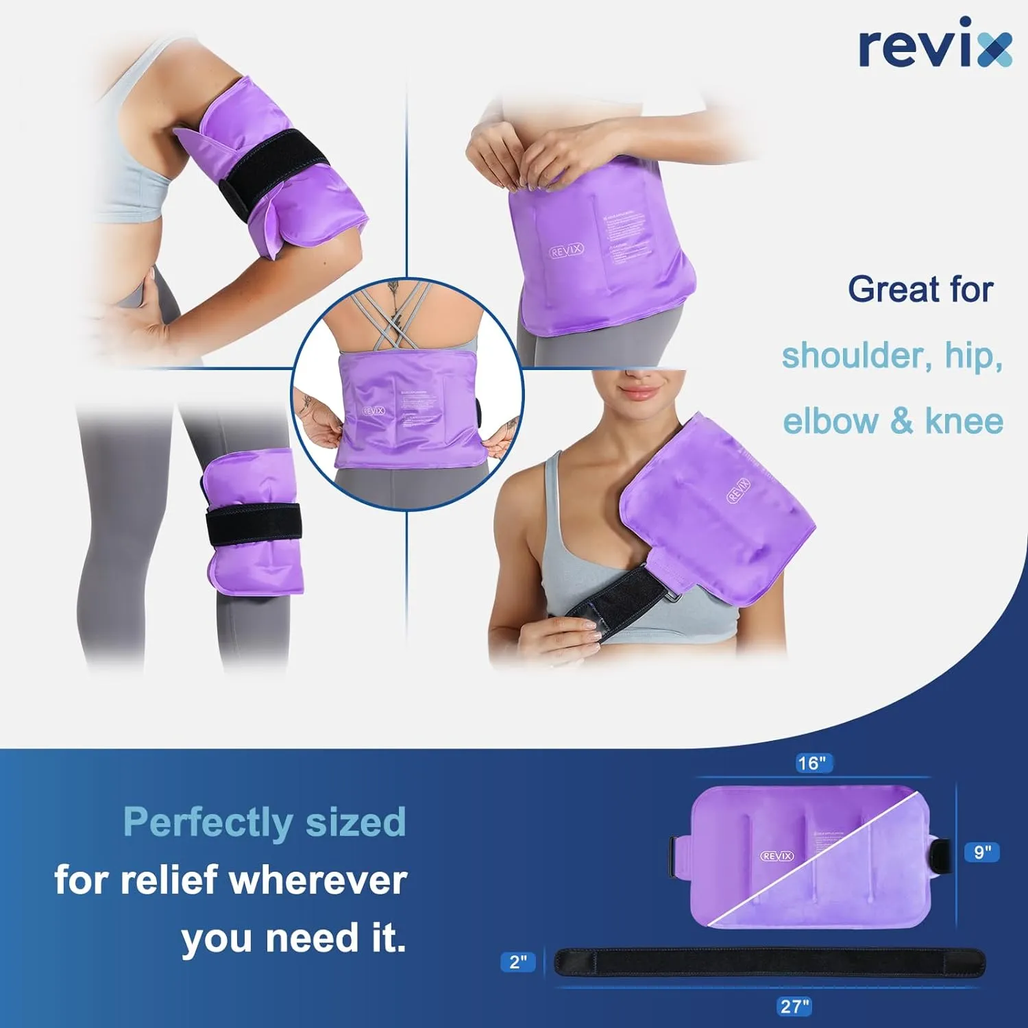 REVIX Ice Packs for Injuries Reusable Gel for Back, 16 × 9 ", Flexible Gel Cold Pack for Shoulder, Lower Back, Thigh, Arm, Cold Compress Therapy Cooling Pad with Strap