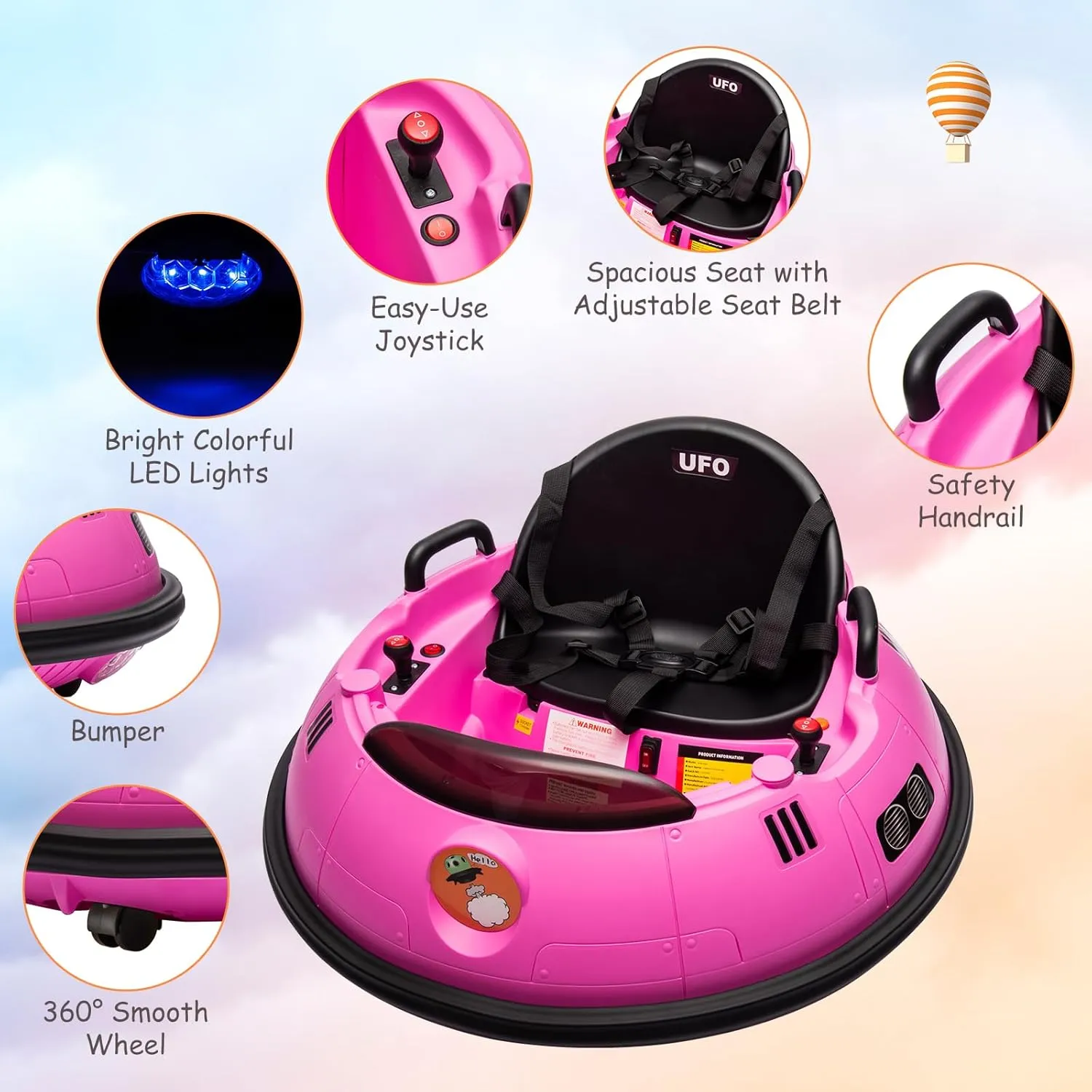 Ride On Bumper Car, 12V Electric Toddlers Car with Remote Control, Safety Belt, Music, Flashing Lights, 360 Degree Spin, Bumper Car for Toddlers,Kids,Pink