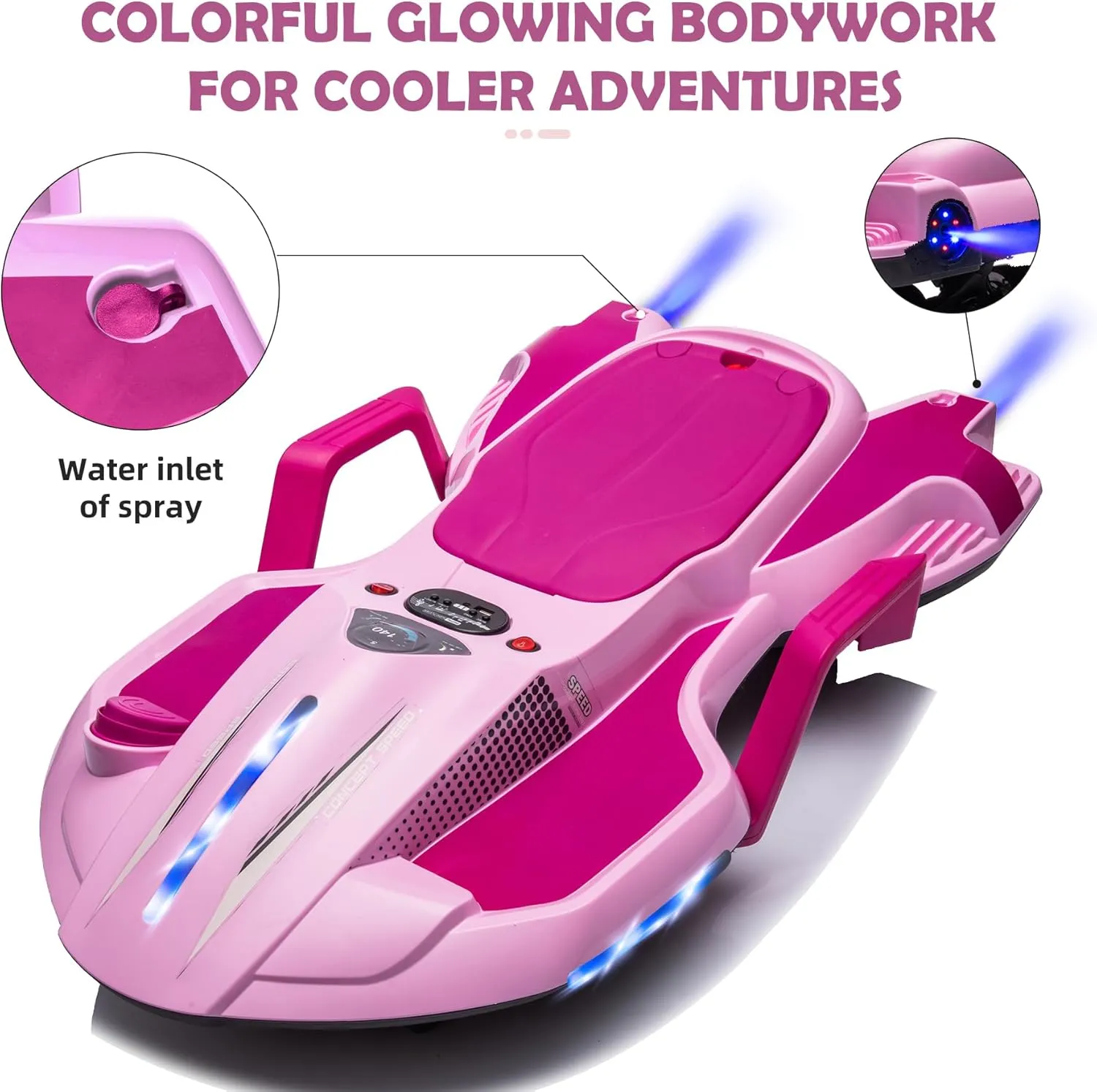 Ride on Car Ages 6 & Up with 24V 200W Motor,Side Handlebars for Steering,LED Light Up Electric Drift Kart,Water Mist Spray & Music Mode,Portable Design (Pink)