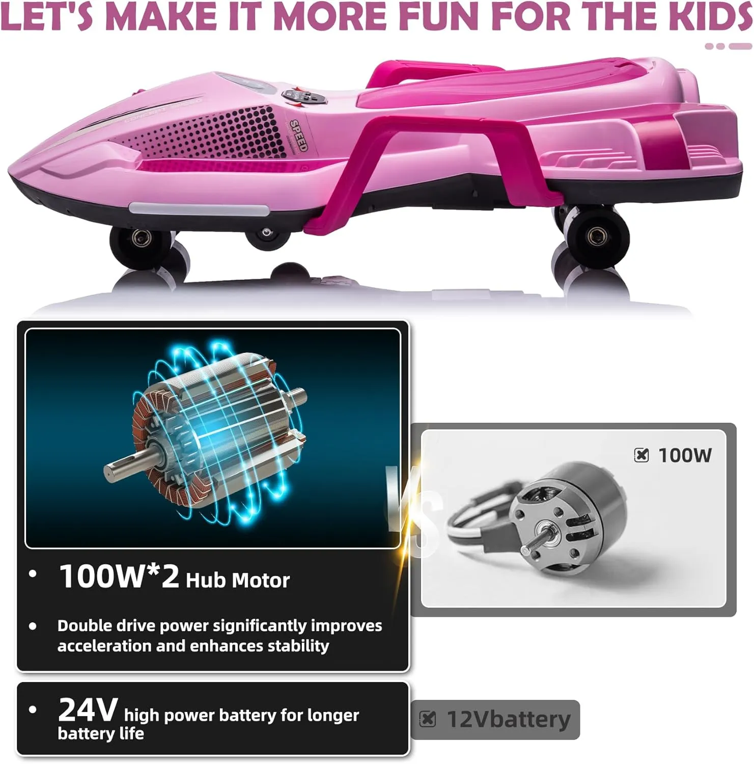 Ride on Car Ages 6 & Up with 24V 200W Motor,Side Handlebars for Steering,LED Light Up Electric Drift Kart,Water Mist Spray & Music Mode,Portable Design (Pink)
