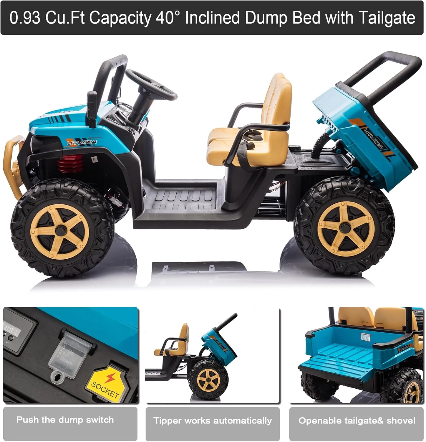 Ride On Truck with Electric Dump Bed, 24V 2-Seater Ride On Construction Truck with 600W Powerful Motors EVA Tire, Kids Ride On Toy Car w/Remote Control, Blue