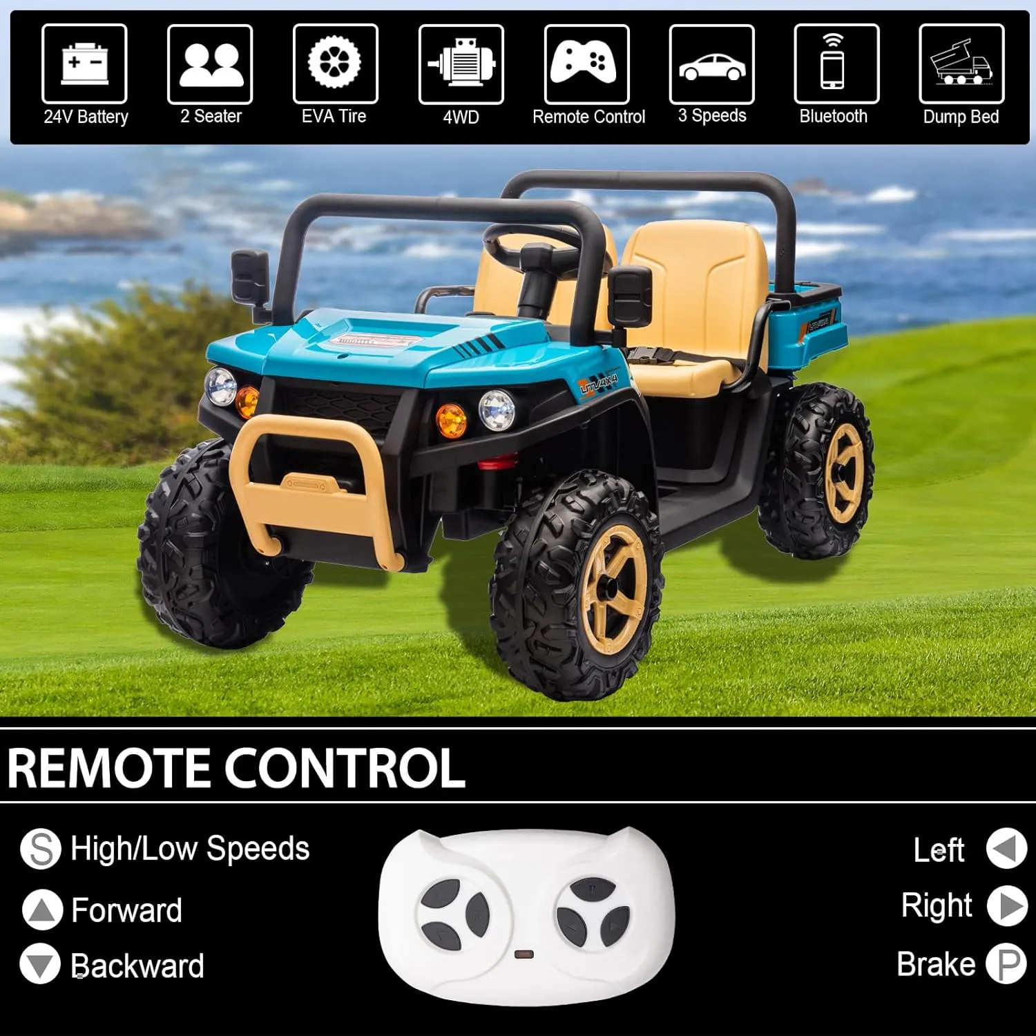 Ride On Truck with Electric Dump Bed, 24V 2-Seater Ride On Construction Truck with 600W Powerful Motors EVA Tire, Kids Ride On Toy Car w/Remote Control, Blue