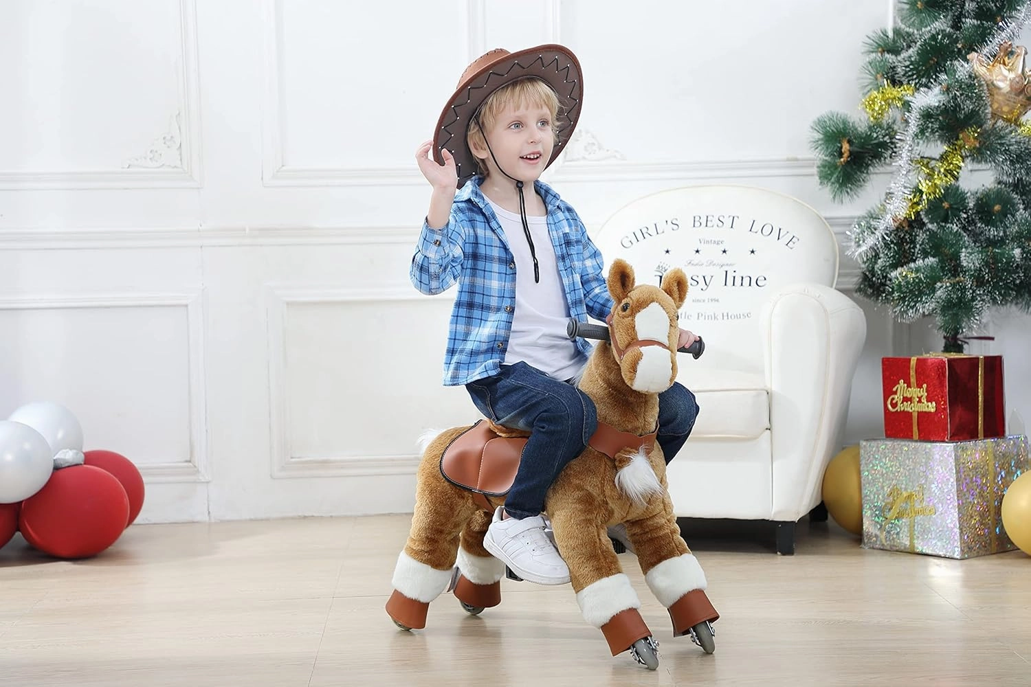 Ride on Horse Toys, Kids Riding Horse Toys Ride on Toys for 3-6 Years Old, Premium Plush Animals Toys Walking Horse with Wheels (Brown, 25.9" L x 12.2" W x 28.3" H)