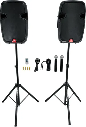 Rockville RAMSYS15 15" 1000W Rechargeable Portable PA System, 2 DJ/PA Speakers, Bluetooth, Up to 10 Hour Battery Life, Includes 2 Wireless Mics & Speaker Stands - Perfect for Live Music, DJs, Karaoke