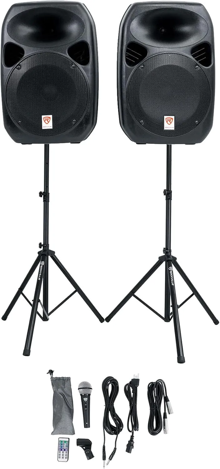 Rockville RPG122K 12" 600W Portable PA System, 3 Channel Mixer Bluetooth, Includes Mic, Stands, Cables - Perfect for Live Performances, DJs, Karaoke