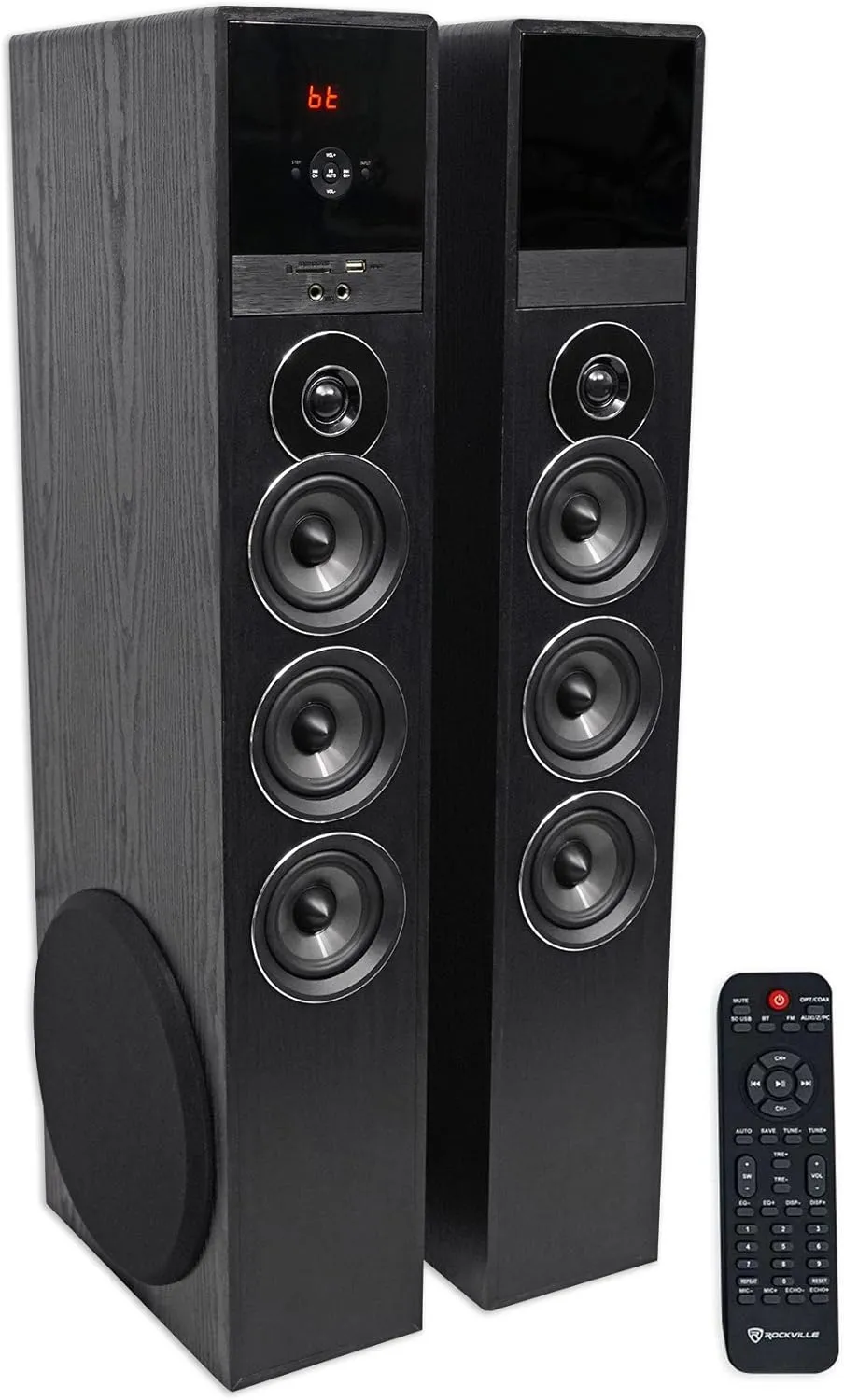 Rockville TM150B Powered Home Theater Tower Speaker System, Black, 1000W, 10" Subwoofers, Bluetooth, USB/SD Playback, FM Radio, Remote Control, Karaoke Ready, Perfect for Home Entertainment