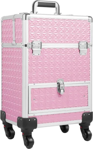 Rolling Makeup Case on Wheels with Drawer Traveling Aluminum Professional Makeup Trolley Cart Rolling Train Case Pink Makeup Organizer Case for Beauty Salon (Pink)