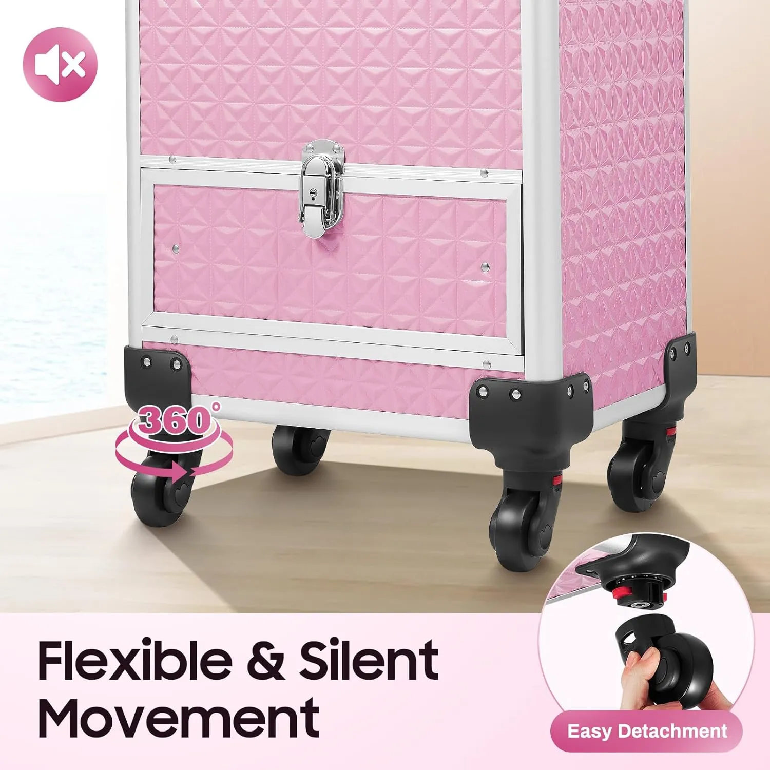 Rolling Makeup Case on Wheels with Drawer Traveling Aluminum Professional Makeup Trolley Cart Rolling Train Case Pink Makeup Organizer Case for Beauty Salon (Pink)