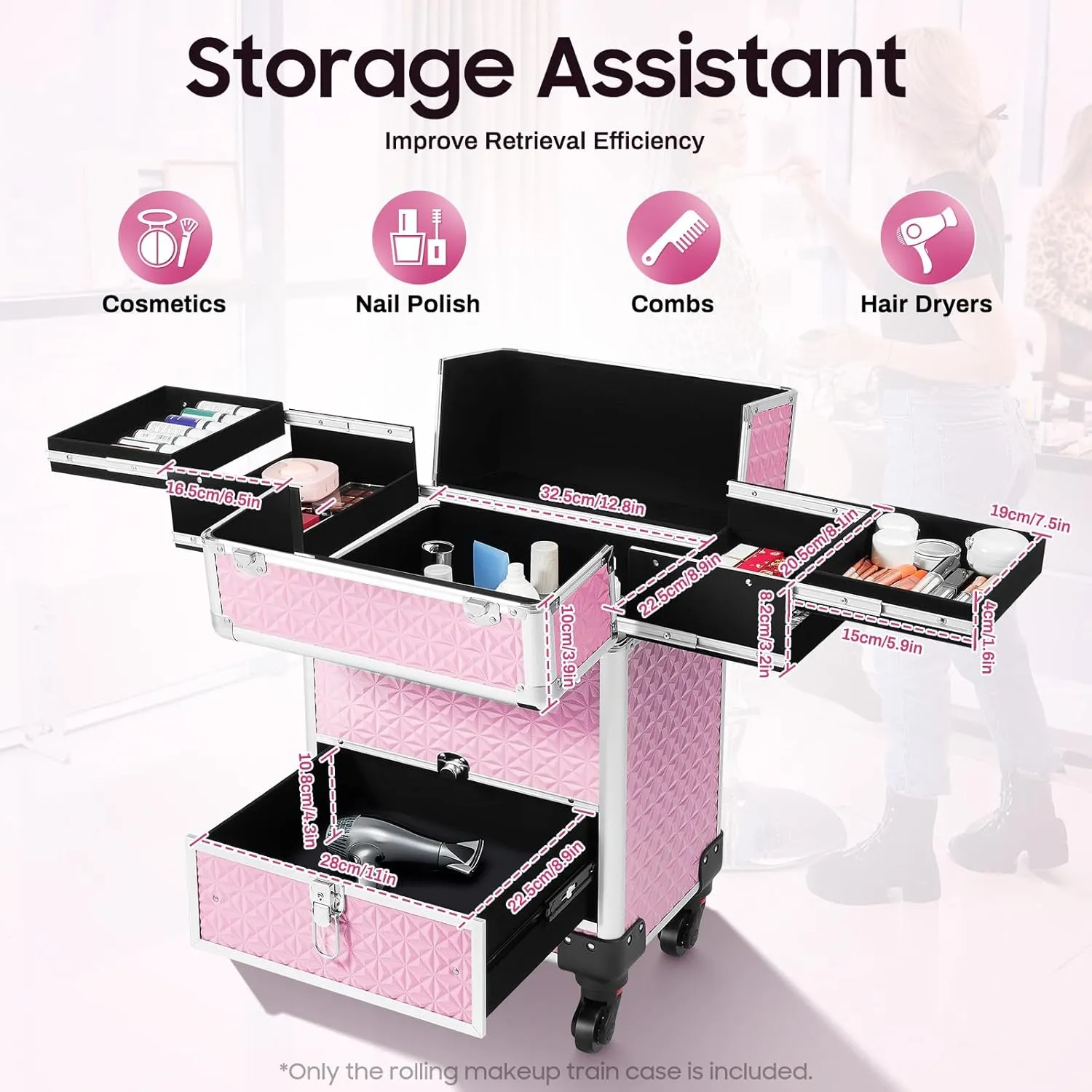 Rolling Makeup Case on Wheels with Drawer Traveling Aluminum Professional Makeup Trolley Cart Rolling Train Case Pink Makeup Organizer Case for Beauty Salon (Pink)