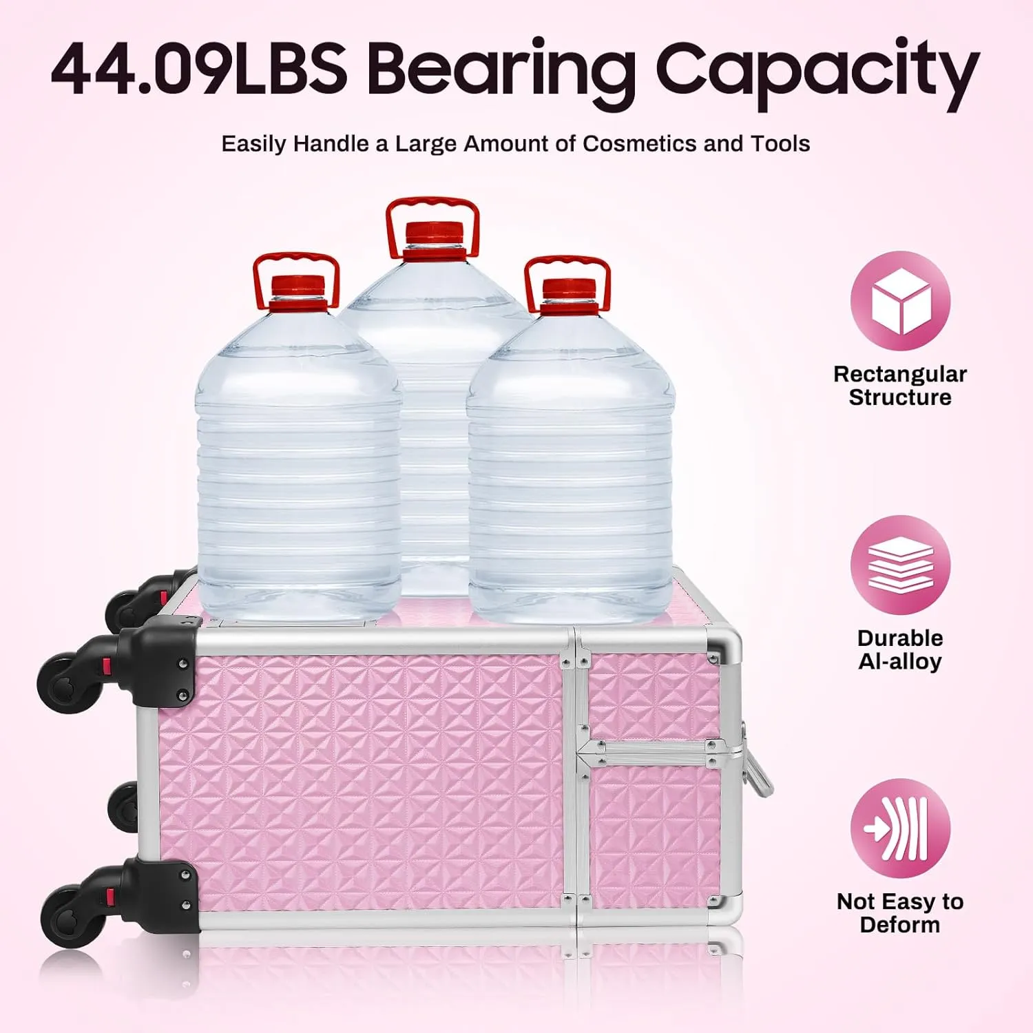 Rolling Makeup Case on Wheels with Drawer Traveling Aluminum Professional Makeup Trolley Cart Rolling Train Case Pink Makeup Organizer Case for Beauty Salon (Pink)