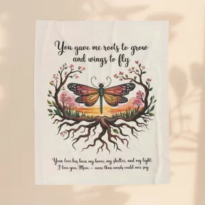 Roots to Grow, Wings to Fly – Velveteen Plush Blanket - Perfect Gift for Mom