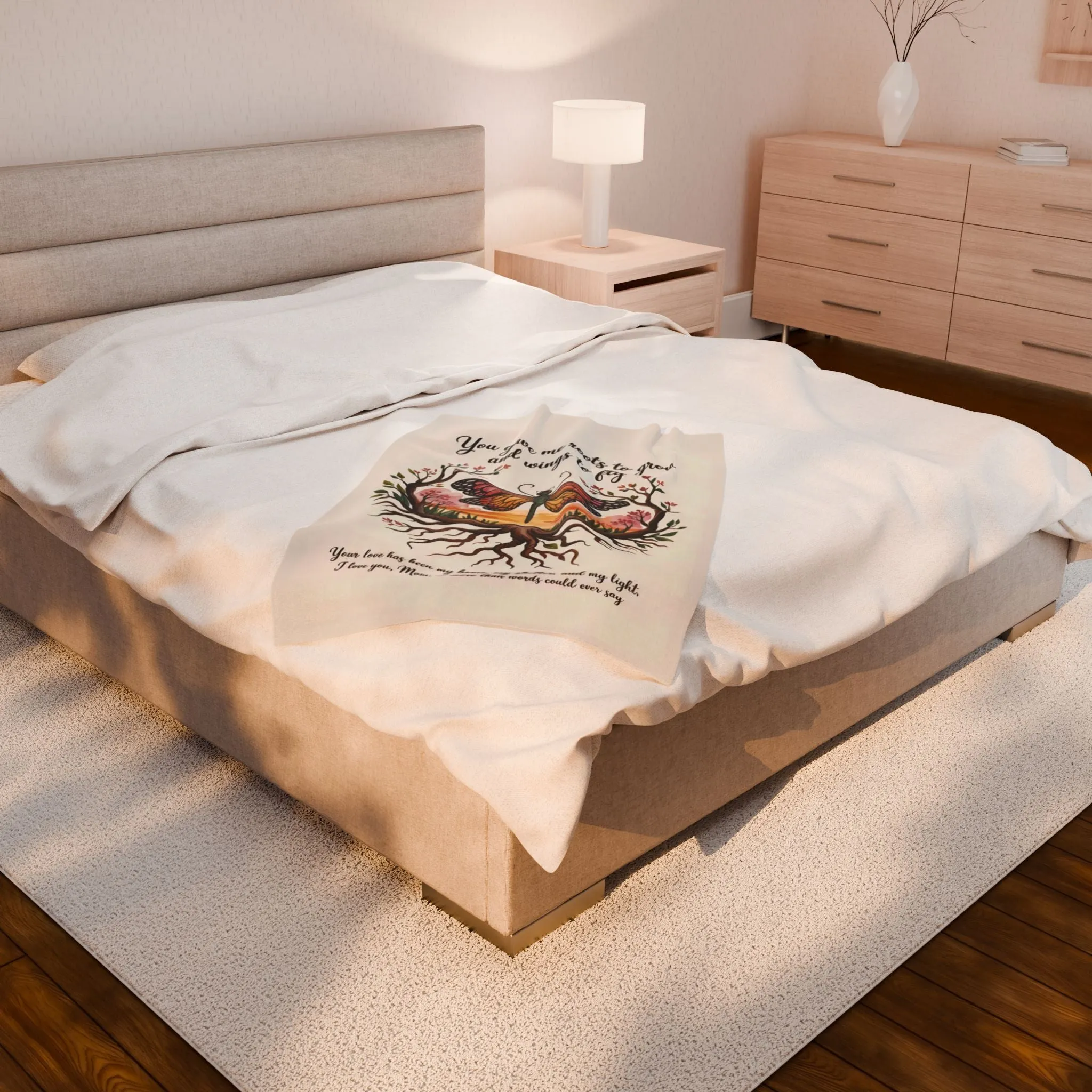 Roots to Grow, Wings to Fly – Velveteen Plush Blanket - Perfect Gift for Mom