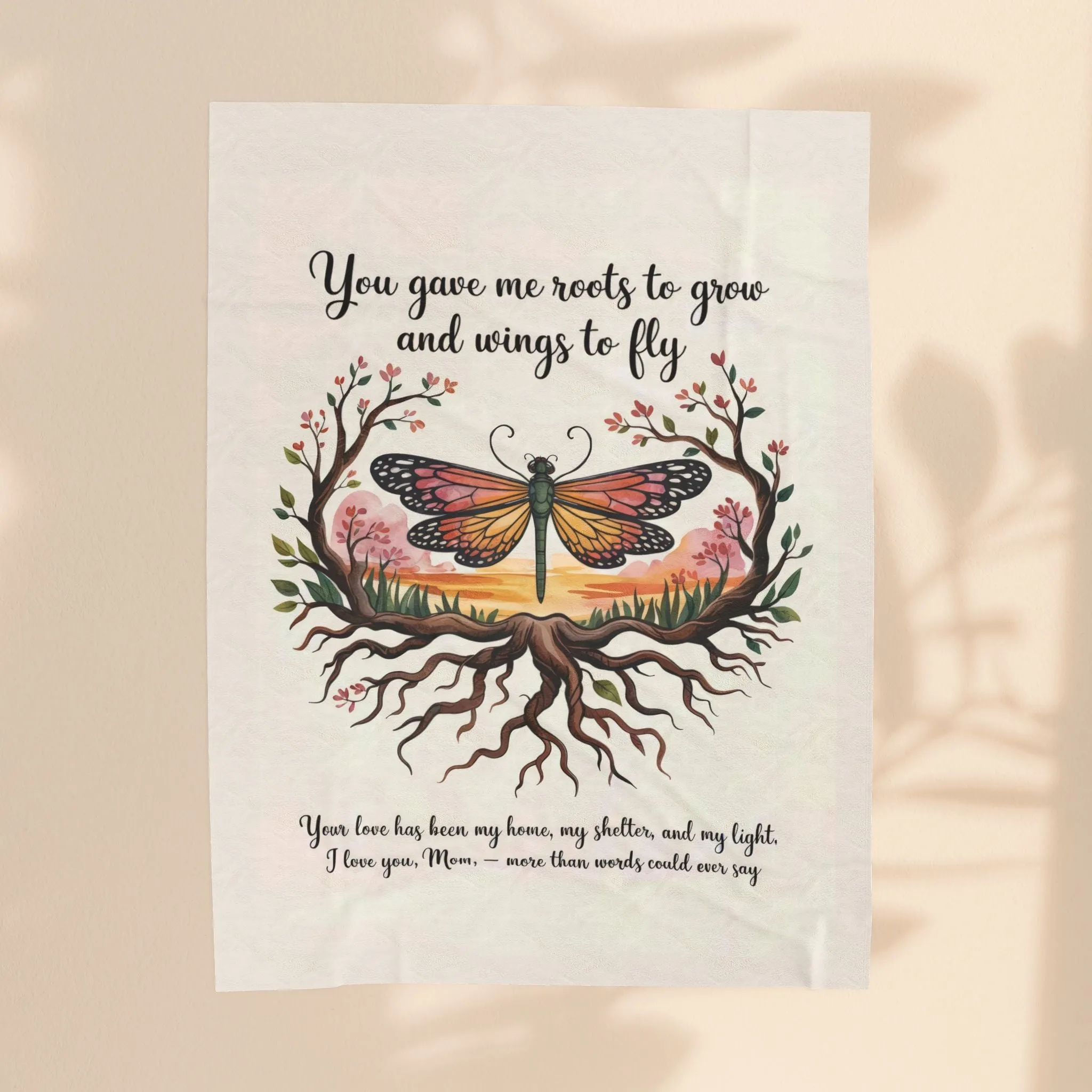 Roots to Grow, Wings to Fly – Velveteen Plush Blanket - Perfect Gift for Mom