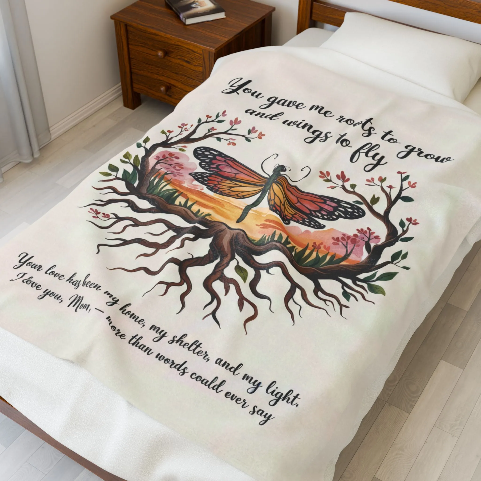 Roots to Grow, Wings to Fly – Velveteen Plush Blanket - Perfect Gift for Mom