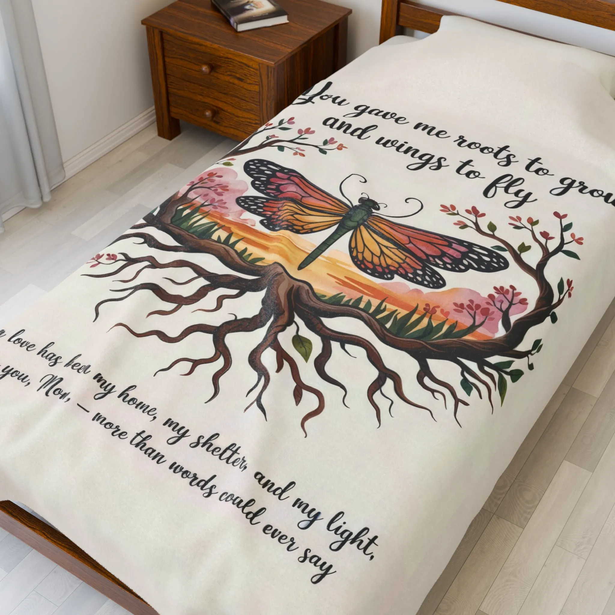 Roots to Grow, Wings to Fly – Velveteen Plush Blanket - Perfect Gift for Mom