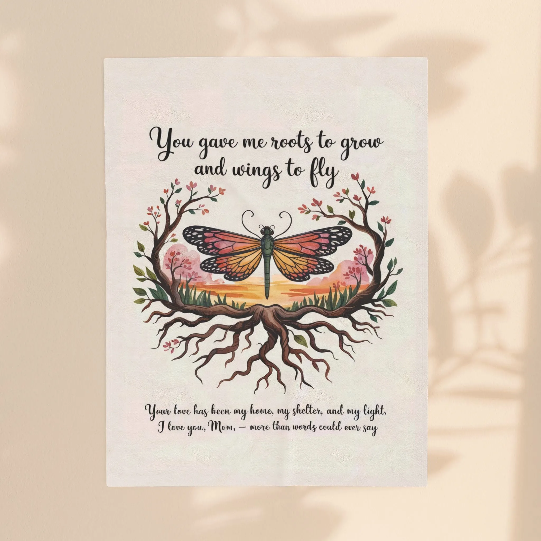Roots to Grow, Wings to Fly – Velveteen Plush Blanket - Perfect Gift for Mom