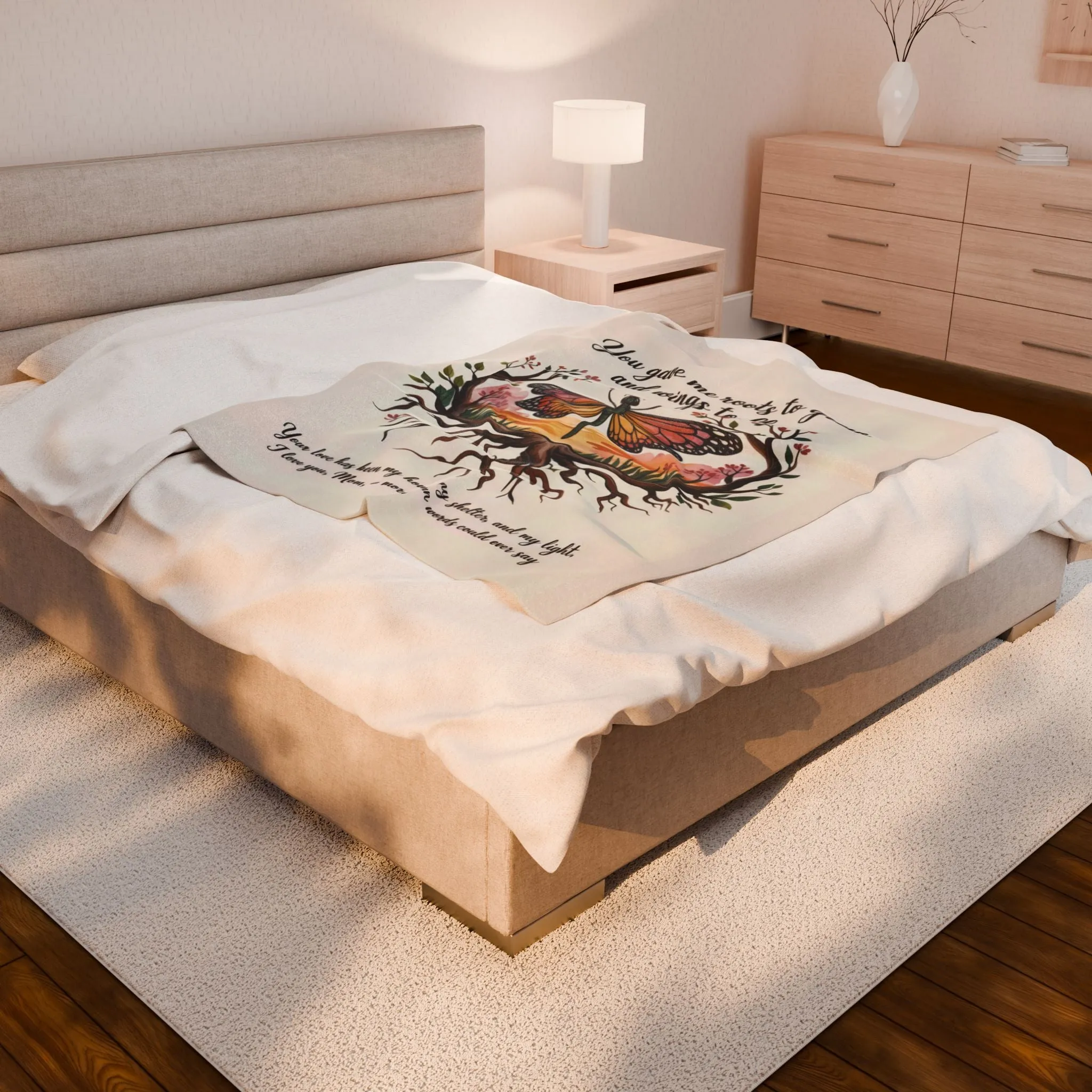 Roots to Grow, Wings to Fly – Velveteen Plush Blanket - Perfect Gift for Mom