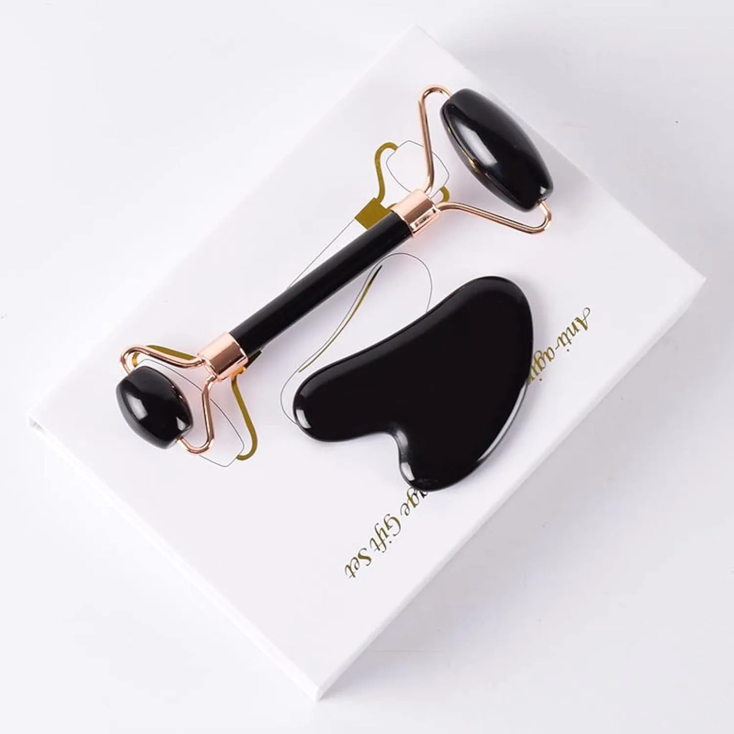 Rose Gold Face Roller Gua Sha Tool Massage Set Natural Obsidian Stone,1 Set with Gift Box