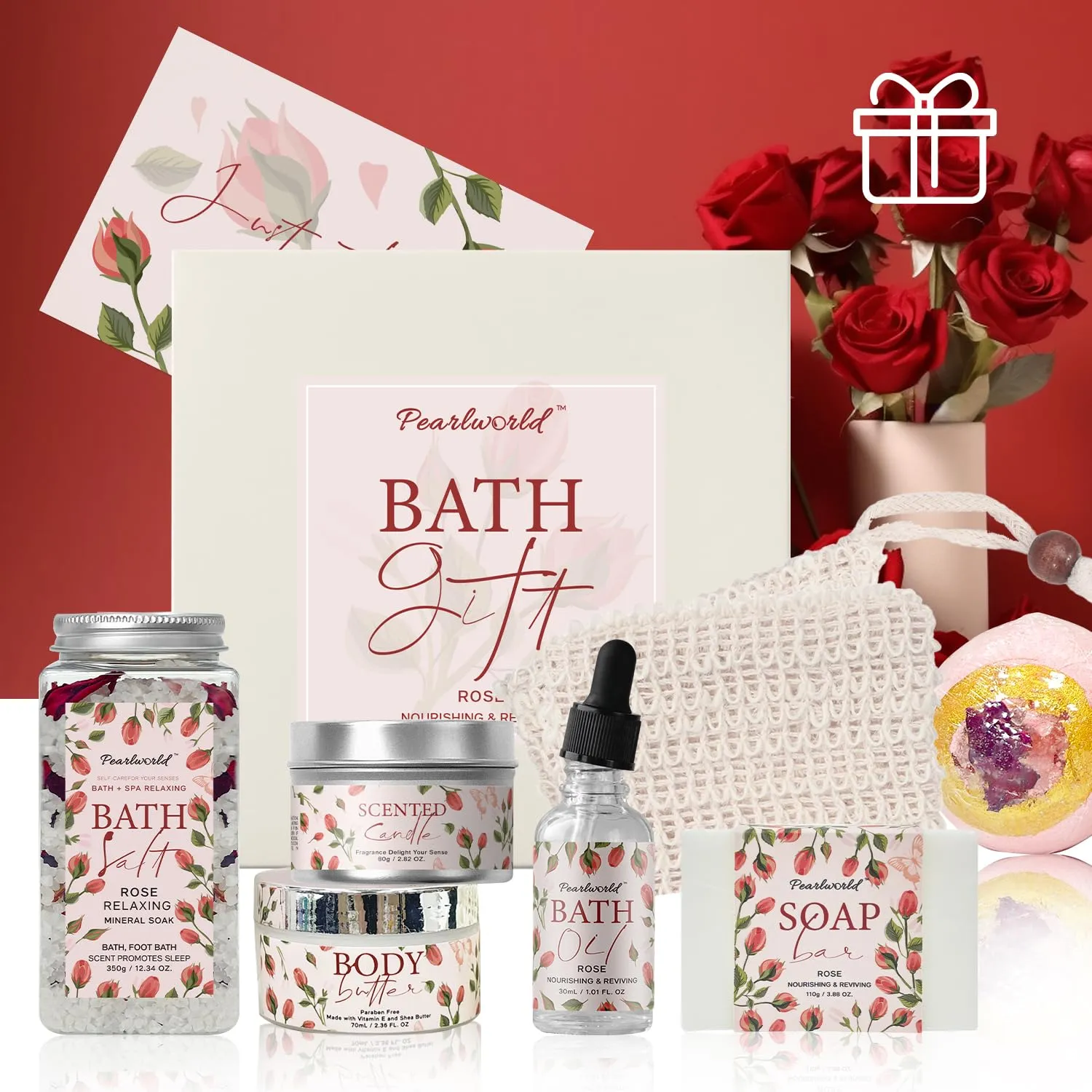 Rose Spa Gift Set for Women, Luxury 9 Pcs Bath Salts Set, Relaxation Gifts for Women, Self Care Set, Clean Moisturizing Skin, Gifts for Mom, Wife, Sister, Friend