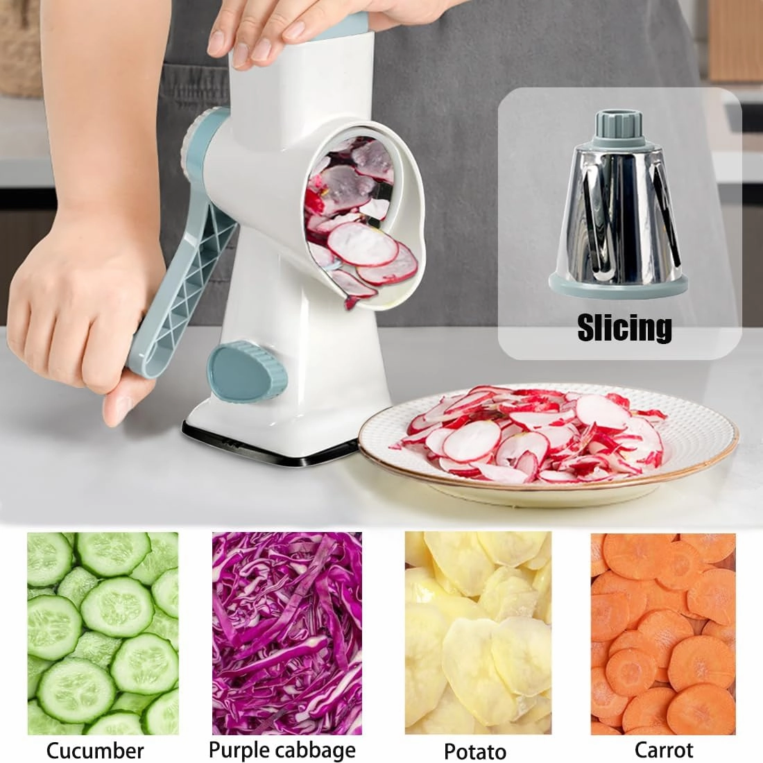 Rotary Cheese Grater Shredder with Handle Handheld Round Mandoline Vegetable Slicer Carrot Shredder Nut Grinder with 3 Replaceable Stainless Steel Drum Blades and Upgrade Strong Suction, White/Cyan