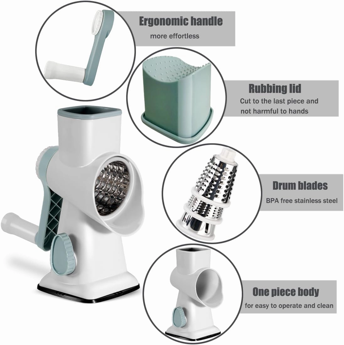 Rotary Cheese Grater Shredder with Handle Handheld Round Mandoline Vegetable Slicer Carrot Shredder Nut Grinder with 3 Replaceable Stainless Steel Drum Blades and Upgrade Strong Suction, White/Cyan