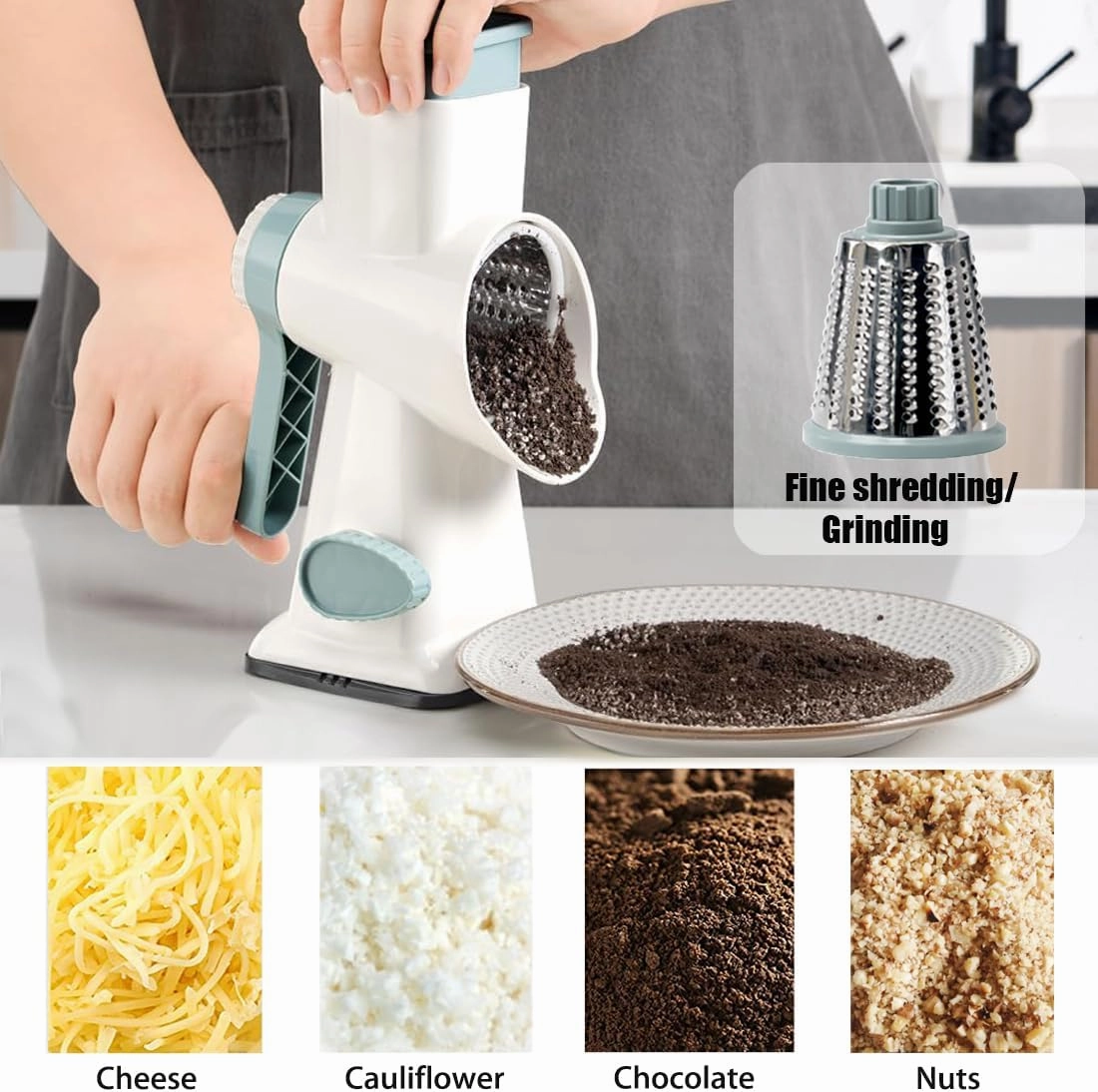 Rotary Cheese Grater Shredder with Handle Handheld Round Mandoline Vegetable Slicer Carrot Shredder Nut Grinder with 3 Replaceable Stainless Steel Drum Blades and Upgrade Strong Suction, White/Cyan