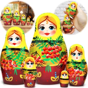 Russian Nesting Dolls Set 5 pcs - Russian Doll with Rowan Branches - Handmade Matryoshka Nesting Doll with Mountain Ash