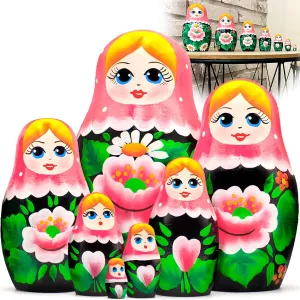 Russian Nesting Dolls Set of 7 pcs - Matryoshka Doll in Pink Head Scarf and Sarafan Dress with Sakura Flower - Handmade Russian Dolls Nesting Dolls